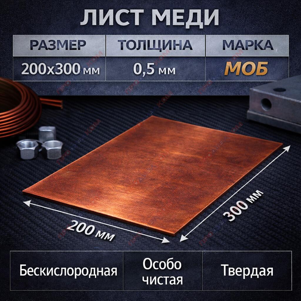 Лист меди М0Б OFE-OK бескислородная 0,5 х 200 х 300 мм (твердый)