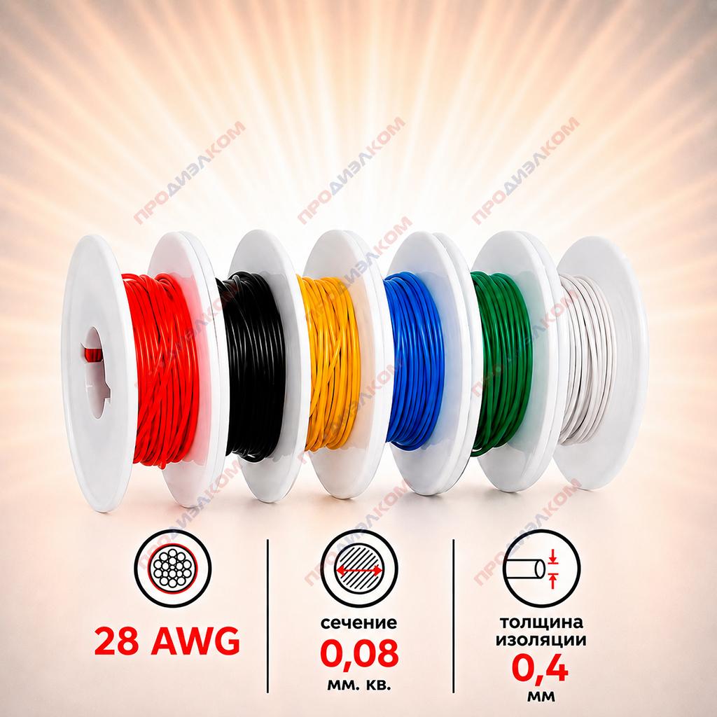 Набор проводов в силиконе 28 AWG/0,08 мм.кв. (6 цв. х 10 м = 60 м)