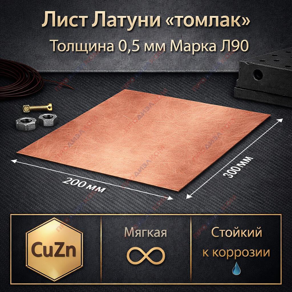 Латунь лист "томпак"  Л90 мягкий 0,5 х 200 х 300 мм цвет розовое золото (импорт)