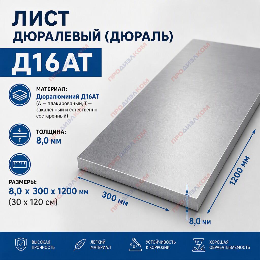 Дюраль лист Д16ат 8,0 х 300 х1200 мм